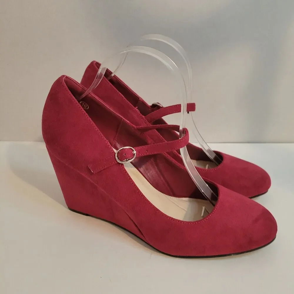 Coutgo Women’s Size 10 Red Mary Jane Wedge Heels Faux Suede Shoes